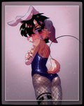 anthro band-aid band-aid_on_arm band-aid_on_face bandage bandage_on_face black_clothing black_hair black_legwear blush brown_body brown_fur bunny_costume butt clothing costume femboy fishnet_clothing fishnet_legwear floppy_ears fur hair horn leg_ring legwear long_tail looking_at_viewer looking_back lop_ears male red_eyes scar solo stockings tail wounded yellow_body yellow_fur young young_anthro jopperseyin su_li_si_(jopperseyin) canid canine canis demon domestic_dog hybrid mammal 4:5 hi_res