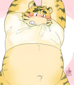 anthro belly blush clothed clothing male open_clothing open_shirt open_topwear overweight overweight_anthro overweight_male shirt solo topwear ginnosuke felid mammal pantherine tiger 2015