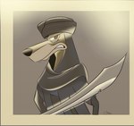 anthro biped black_nose brown_body clothed clothing fangs headgear headwear looking_away male melee_weapon religious_clothing religious_headwear simple_background solo sword teeth turban weapon jessyjraws disney ducktales ducktales_(2017) faris_djinn arabian_wolf canid canine canis mammal wolf 2021 signature