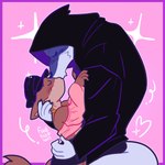 alternative_fashion anthro arms_around_partner black_clothing brown_body brown_fur claws cloak clothing duo eyes_closed facial_markings femboy fur fuzzy grey_body grey_fur hat head_markings headgear headwear hood hood_up intraspecies jewelry kiss_on_lips kissing male male/male markings mask_(marking) necklace pink_background pink_clothing pink_topwear shoulderless_shirt side_view simple_background size_difference sparkles standing topwear fluchinick dreamworks puss_in_boots_(franchise) shrek_(series) big_bad_wolf_(shrek) death_(puss_in_boots) canid canine canis mammal wolf hi_res signature