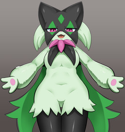 3_fingers anthro black_body fingers front_view fur gradient_background green_body green_fur grey_background iris looking_at_viewer open_mouth pupils simple_background solo teeth tongue sum nintendo pokemon felid feline generation_9_pokemon mammal meowscarada pokemon_(species) 2022 hi_res