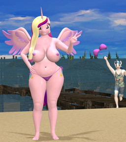 accident accidental_exposure anthro beach big_breasts bikini bikini_bottom bikini_removed bikini_top bottomwear breasts clothed clothing cutie_mark denim denim_bottomwear denim_clothing denim_shorts duo female gesture grin hair hand_gesture hand_on_hip horn looking_at_viewer male multicolored_hair navel nipples open_mouth outside purple_nipples running sand sea seaside shirt shorts sky smile swimwear swimwear_removed tank_top topless topless_female topwear two-piece_swimsuit v_sign wardrobe_malfunction water wide_hips wings yelling meteor_mirage friendship_is_magic hasbro my_little_pony mythology princess_cadance_(mlp) shining_armor_(mlp) equid equine horse mammal mythological_creature mythological_equine pony unicorn winged_unicorn 3d_(artwork) digital_media_(artwork) source_filmmaker_(artwork)