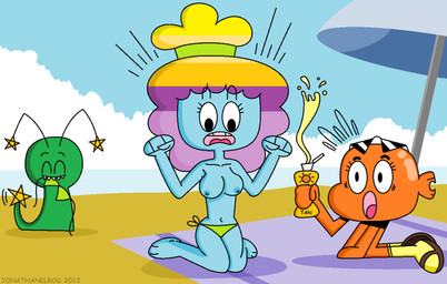 barefoot beach beach_umbrella bedding bikini blanket breasts clothed clothing cloud detailed_background eyewear feet female footwear group navel nipples on_model on_towel orange_body outside parasol sand sandals seaside shoes skimpy sky sunglasses surprised swimwear thick_thighs thin_calves thin_legs thin_thighs tight_clothing toony topless towel two-piece_swimsuit water wide_hips jonathanelrod cartoon_network the_amazing_world_of_gumball darwin rachel_wilson aquatic fish rainbow_lass source_request