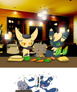 :< abuse ambiguous_gender bad_parenting blue_body blue_fur blue_hair blush bodily_fluids book carrot cooking_pot corn curtains detailed_background egg eyes_closed food fur furniture green_eyes group hair inside kitchen knife lamp lights magazine open_mouth photo_background pillow plant plate sofa sweat vegetable white_body white_fur white_hair winick-lim nintendo pokemon espurr felid generation_6_pokemon mammal meowstic meowstic_(female) meowstic_(male) pokemon_(species) 2014 comic hi_res photography_(artwork)