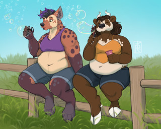 anthro belly big_belly blowing_bubbles breasts bubble bubble_wand clothed clothing cloven_hooves duo eyes_closed female fence grass highlights_(coloring) hooves horn medium_breasts navel outside overweight overweight_anthro overweight_female plant sitting spots thick_thighs palehorntea taebear bear bovid bovine cattle giant_panda gnoll hybrid hyena mammal 5:4 digital_media_(artwork) hi_res
