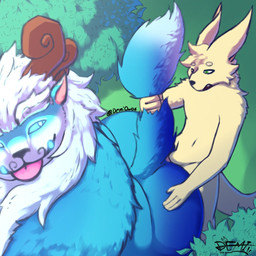 4_fingers anal anal_penetration anthro anthro_on_anthro anthro_penetrated anthro_penetrating anthro_penetrating_anthro antlers anus black_nose blep blonde_eyebrows blue_body blue_fur blue_sclera butt detailed_background duo eyebrows fingers from_behind_position fur genitals grass green_eyes hand_on_butt high-angle_view horn humanoid_genitalia humanoid_penis larger_penetrated light long_ears looking_at_another looking_at_partner looking_back looking_back_at_another looking_back_at_partner male male/male male_penetrated male_penetrating male_penetrating_anthro male_penetrating_male mane navel no_pupils open_mouth outside outside_sex overweight overweight_anthro overweight_male penetration penis pink_inner_ear plant sex shrub size_difference slim standing standing_sex sunlight tail tail_pull teeth text thick_eyebrows tongue tongue_out tusks whisker_spots white_body white_eyebrows white_eyes white_fur white_sclera yellow_body yellow_fur demi_owo league_of_legends riot_games tencent demi_(demi_owo) willump_(lol) canid canine fennec_fox fox hybrid mammal mustelid otter true_fox yeti 1:1 2026 artist_name digital_drawing_(artwork) digital_media_(artwork) hi_res shaded signature
