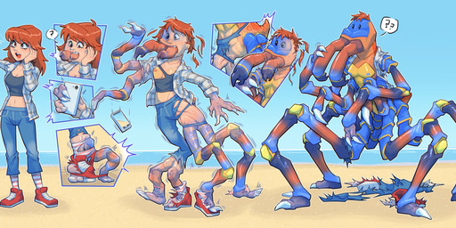 beach blue_body blue_exoskeleton bottomwear breasts cellphone clothing day electronics exoskeleton female footwear growth hair holding_object holding_phone human_to_humanoid leg_growth limb_growth mandibles mid_transformation midriff multi_frame_sequence navel nipples nude outside pants phone question_mark red_hair shirt shoes smartphone solo species_transformation standing surprised topwear torn_clothing transformation transformation_sequence mkiiiconvertible aquatic arthropod human humanoid mammal sea_spider 2025 digital_media_(artwork) hi_res sequence