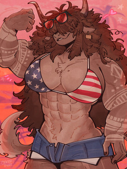 abs american_flag_bikini anthro big_breasts big_muscles bikini bottomwear breasts brown_body brown_fur brown_hair clothing daisy_dukes denim denim_bottomwear denim_clothing denim_shorts ear_piercing ear_tag eyewear eyewear_on_head female flag_bikini flag_swimwear flexing flexing_bicep front_view fur hair hair_over_eyes horn hotpants midriff muscular muscular_anthro muscular_female piercing shorts smile solo standing sunglasses sunglasses_on_head swimwear tattoo two-piece_swimsuit comifur bovid bovine cattle highland_cattle mammal 3:4 hi_res