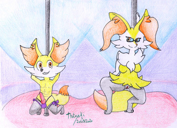 abs anthro balls breasts dancing duo erection female genitals inner_ear_fluff knot male pecs penis pole pole_dancing tuft vulva katsurokurosaki nintendo pokemon fan_character rocket_(katsurokurosaki) tabatha_(katsurokurosaki) braixen fennekin generation_6_pokemon pokemon_(species) hi_res traditional_media_(artwork)
