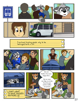 anthro blush bottomwear bus bus_stop bus_stop_sign cheek_tuft clothed clothing commercial_vehicle container detailed_background dialogue dipstick_tail duo extending_hand eyewear face_punch facial_tuft feet_together footwear fully_clothed gloves_(marking) jacket junk male markings note offering_hand sad shoes skateboard speech_bubble tail tail_markings text topwear tuft vehicle pandapaco art_(pandapaco) julio_(pandapaco) ailurid bear human mammal procyonid raccoon comic english_text hi_res