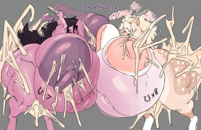 anthro areola bent_over big_areola big_breasts big_nipples blonde_hair bodily_fluids breast_expansion breast_squish breasts breasts_frottage butt butt_expansion cum cum_explosion cum_inflation cum_inside dark_hair duo excessive_cum excessive_genital_fluids expansion female genital_fluids hair hair_over_eyes hands_above_head huge_areola huge_breasts huge_nipples hyper hyper_areola hyper_breasts hyper_pregnancy inflation lactating lips moan multicolored_body navel nipples nude nude_anthro nude_female open_mouth outie_navel pregnancy_tally pregnant puffy_areola puffy_nipples simple_background squish tail text thick_lips time_skip tongue tongue_out oxart butterscotch_(void_dew) cotton_(oxart) deer equid equine horse mammal absurd_res hi_res