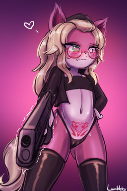 anthro biped black_clothing black_jacket black_legwear black_nose black_panties black_stockings black_topwear black_underwear blonde_hair camel_toe clothed clothing countershade_face countershade_torso countershading erect_nipples eyebrows eyewear female flat_chested genital_outline gesture glasses gun hair hand_gesture hand_on_hip hand_on_own_hip hat headgear headwear heart_symbol holding_gun holding_object holding_ranged_weapon holding_weapon jacket legwear long_hair looking_away low-angle_view midriff multicolored_body navel nipple_outline nipples panties pink_body pointing pointing_at_viewer pointing_gun pubic_tattoo ranged_weapon round_glasses simple_background skimpy snaggle_tooth solo standing stockings tattoo thigh_highs topwear tube_top two_tone_body underwear vulva_outline weapon white_body womb_tattoo young young_anthro young_female lumineko cherriloliwuff canid canine canis mammal wolf 2023 2:3