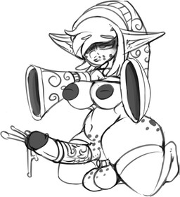 big_breasts blush bodily_fluids breasts clothing cum erection freckles genital_fluids genitals gynomorph gynomorph_humanoid humanoid_genitalia humanoid_penis intersex intersex_humanoid legwear not_furry penis shortstack shortstack_gynomorph shortstack_intersex solo stockings ponk goblin humanoid 2019 digital_media_(artwork) monochrome sketch