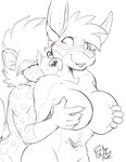 anthro big_breasts bite blush breast_fondling breast_play breast_squish breasts claws duo female fondling hand_on_breast looking_pleasured male male/female neck_bite pouch_(anatomy) squish rick_griffin karhyena west_of_heaven hyena kangaroo macropod mammal marsupial spotted_hyena 2022 monochrome signature sketch