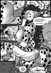 anthro armlet balls blush bodily_fluids comic cum cum_on_face dialogue digital_media_(artwork) duo ear_piercing english_text erection eye_scar ezukapizumu facial_scar female female_penetrated fur genital_fluids genitals greyscale hair hair_over_eye hyena inner_ear_fluff internal jewelry larger_female larger_penetrated male male/female male_penetrating male_penetrating_female mammal monochrome muscular muscular_female nipple_piercing nipples nude one_eye_obstructed oral pawpads penetration penile penile_penetration penis penis_in_pussy piercing plant pussy scar sex size_difference smaller_male speech_bubble spotted_hyena submissive teeth text tongue tribal tuft vaginal vaginal_penetration