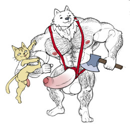 anthro arm_hair armpit_hair axe balls beard biceps big_muscles big_nipples big_pecs big_penis body_hair bottomwear butt chest_hair clothing deltoids duo erection eyes_closed facial_hair foreskin fur genitals hair hairy_legs harness huge_muscles huge_penis hyper hyper_genitalia hyper_muscles hyper_penis male male/male muscular muscular_anthro muscular_male neck_tuft nipples open_mouth pecs penis penis_harness simple_background size_difference suspenders tail thick_thighs triceps tuft white_background bulkybro nintendo rhythm_heaven lumbercat woodcutter_bear bear domestic_cat felid feline felis mammal digital_media_(artwork)