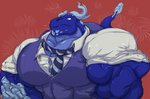 anthro big_muscles big_pecs blue_body broken_horn clothing horn huge_muscles huge_pecs hyper hyper_muscles male muscular muscular_anthro muscular_male necktie pecs shirt solo suit tail topwear vein veiny_muscles panscolipede european_mythology mythology bruno_tusker dragon mythological_creature mythological_scalie scalie western_dragon 2020 hi_res