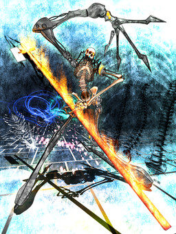 3_fingers abstract_background ambiguous_gender bone cross fingers fire floor glowing glowing_eyes holding_cross holding_object human_skull looking_at_viewer machine mechanical_arm mechanical_leg not_furry pelvis ribs skeleton skull solo spine text tile tile_floor wire yellow_eyes deino_(artist) deino_(modeler) calne_ca animated_skeleton humanoid robot robot_humanoid undead 2009 3:4 3d_(artwork) autodesk_3ds_max_(artwork) digital_media_(artwork) full-length_portrait hi_res japanese_text portrait female_(lore)