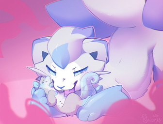 3_tails ambiguous_gender ass_up blush bodily_fluids duo feral hair licking licking_another looking_at_another looking_pleasured multi_nipple multi_tail nipples open_mouth paws saliva short_hair size_difference smile snout tail teeth tongue tongue_out whiskers shiones fakemon lewxen colored digital_drawing_(artwork) digital_media_(artwork) hi_res shaded
