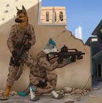 anthro clothing duo gun male ranged_weapon rifle ruins syria weapon lemurlemurovich canid canine canis domestic_dog german_shepherd herding_dog husky mammal nordic_sled_dog pastoral_dog spitz