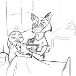 anthro bed bowl buckteeth clothed clothing container cutlery duo feeding female furniture holding_spoon ill kitchen_utensils male mask medical_instrument open_mouth scientific_instrument sitting spoon spoon_feeding surgical_mask teeth tools replytoanons disney zootopia judy_hopps nick_wilde canid canine fox lagomorph leporid mammal rabbit red_fox true_fox 1:1 2016 black_and_white monochrome