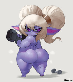 big_butt blue_body blue_skin bodily_fluids butt clothing dumbbell exercise fangs female glistening glistening_body hair handwear humanoid_pointy_ears long_hair looking_at_viewer looking_back not_furry nude pigtails pointy_ears purple_eyes shortstack simple_background solo standing sweat teeth thick_thighs weights wide_hips forastero league_of_legends riot_games tencent poppy_(lol) humanoid yordle absurd_res digital_media_(artwork) hi_res signature