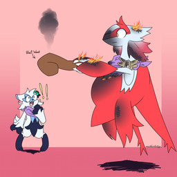 anthro badge biped blue_body blue_claws blue_ears blue_fur claws dark_body dark_fur duo exclamation_point fangs feral fire fur gradient_hair green_eyes hair kerchief kerchief_only open_mouth post_explosion purple_kerchief red_body red_fur red_hair red_tail red_wings smoke standing tail teeth text white_body white_claws white_ears white_fur white_hair wings yellow_eyes motherlatias mythology nintendo pokemon pokemon_mystery_dungeon spike_chunsoft heather_(motherlatias) jade_(motherlatias) dragon felid feline floragato generation_3_pokemon generation_9_pokemon latias legendary_pokemon mammal mythological_creature mythological_scalie pokemon_(species) scalie 1:1 2026 english_text hi_res trans_(lore) trans_woman_(lore)