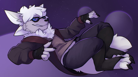 anthro claws clothing eyewear fingerless_gloves fluffy fluffy_tail gesture gloves hand_gesture handwear jackboots jacket multi_ear neck_tuft solo space sunglasses tail topwear tuft v_sign altowovurr mercury_(haloren) shadekin 16:9 4k absurd_res hi_res widescreen