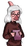 5_fingers anthro bone_frill book clothed clothing eyes_closed eyewear female fingers frill_(anatomy) glasses grey_hair hair holding_book holding_object long_hair pink_body pink_scales red_body red_scales scales smile snout solo sweater topwear sakamtosng cavemanon_studios snoot_game theresa_(snoot_game) dinosaur hadrosaurid ornithischian ornithopod parasaurolophus prehistoric_species reptile scalie low_res