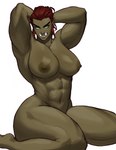 abs big_breasts breasts female green_body green_eyes green_skin hair humanoid_pointy_ears muscular muscular_female navel nipples not_furry nude nude_female nude_humanoid pecs pecs_with_breasts pointy_ears red_hair simple_background sitting solo tusks white_background sotcho humanoid orc 2023 absurd_res hi_res