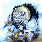 anthro armor black_stripes blue_eyes clothing fur harness knife leucistic male markings melee_weapon muscular muscular_anthro muscular_male open_mouth snarling solo stripes sword teeth tongue topwear vambrace vest weapon whiskers white_body white_fur rpbbw blaze_union baifu felid mammal pantherine tiger