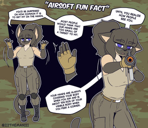 abstract_background airsoft_gun anthro black_nose boots bottomwear breasts brown_body brown_fur clothing female fingerless_gloves footwear fur gloves hair handwear military multicolored_body pants ponytail purple_eyes shirt shoes solo talking_to_viewer tan_body tan_fur tank_top text topwear the_man sia_(the_man) felid feline mammal 2026 absurd_res english_text hi_res