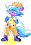 anthro blush bodily_fluids boots clothing crying embarrassed footwear genital_fluids hat headgear headwear humiliation male omorashi pee_on_floor peeing shoes simple_background solo standing suspenders tears urine urine_pool watersports wetting white_background young young_anthro gohami animal_crossing nintendo kicks_(animal_crossing) mammal mephitid skunk hi_res adult_(lore)