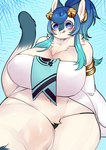 anthro big_breasts blue_hair breasts cleavage clothed clothing female hair huge_breasts licking licking_lips licking_own_lips panties self_lick solo thick_thighs tongue tongue_out underwear sirn_0121 domestic_cat felid feline felis mammal hi_res