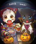 5_fingers anthro black_body black_fur blue_eyes blush blush_lines candy cheek_tuft clothed clothing costume cute_fangs dessert duo facial_tuft fangs fingers fisheye_lens food fur fur_tuft halloween_costume holding_object holidays inner_ear_fluff kemono male multicolored_body multicolored_fur open_mouth tail teeth text text_on_clothing tuft two_tone_body two_tone_fur whiskers young young_anthro popokachip child's_play halloween eb_(popokachip) poka_(popokachip) domestic_cat felid feline felis mammal english_text