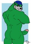 big_butt big_muscles black_eyes blue_cap butt erection fur genitals green_body green_fur looking_at_viewer looking_back male muscular penis solo gorrizz richard_devil dasyurid dasyuromorph mammal marsupial tasmanian_devil 2022 absurd_res hi_res