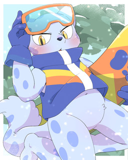 anthro blue_clothing blue_gloves blue_handwear blush bottomless clothed clothing eyewear eyewear_on_head gloves goggles goggles_on_head handwear kemono looking_at_viewer male navel open_mouth snow snowboard solo kemoizumi bemani konami pop'n_music ollie_(pop'n_music) felid mammal pantherine snow_leopard 2026 4:5 hi_res japanese_description