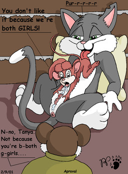 69_position age_difference anthro anus brown_body brown_fur clitoral_hood clitoris clothed clothed_male clothing cunnilingus dialogue dipstick_tail female female/female fur genitals gloves_(marking) green_eyes grey_body grey_fur group hair larger_female leg_markings male markings nipples nude nude_female older_female oral pillow red_body red_fur red_hair sex size_difference smaller_female socks_(marking) spread_legs spreading tail tail_markings text trio vaginal vulva young young_female younger_female kthanid_(artist) an_american_tail animaniacs don_bluth warner_brothers papa_mousekewitz rita_(animaniacs) tanya_mousekewitz domestic_cat felid feline felis mammal mouse murid murine rodent 2001 english_text