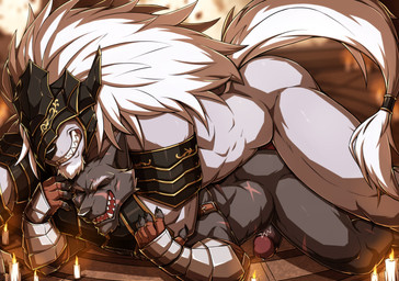 abdominal_bulge anal anal_penetration animal_genitalia animal_penis anthro anthro_on_anthro anthro_penetrated anthro_penetrating anthro_penetrating_anthro armor biceps big_muscles big_penis bodily_fluids canine_genitalia canine_penis claws clothed clothing dominant dominant_male duo erection finger_claws fingers forced from_behind_position fur genital_fluids genitals grey_body grey_fur hair headgear helmet huge_penis humanoid_genitalia humanoid_penis inflation knot larger_male lying male male/male male_penetrated male_penetrating male_penetrating_male mounting muscular muscular_anthro muscular_male open_mouth penetration penile penile_penetration penis precum prone_bone_position sex size_difference smaller_male smaller_penetrated speed_bump_position white_body drks elden_ring fromsoftware blaidd_(elden_ring) maliketh_(elden_ring) canid canine canis mammal wolf absurd_res hi_res
