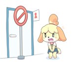 6:5 animal_crossing anthro bathroom blonde_hair bodily_fluids bottomwear buckteeth canid canine canis clothed clothing desperation domestic_dog door female female_symbol fur furgonomics gender_symbol hair holding_crotch isabelle_(animal_crossing) knock-kneed mammal monotone_bottomwear monotone_clothing monotone_skirt nintendo no_symbol omorashi open_mouth pencil_skirt restricted shih_tzu shirt sign skirt solo symbol tail_through_skirt tears teeth topwear toy_dog wadorigi yellow_body yellow_fur