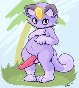 anthro balls belly black_nipples black_nose blue_background bodily_fluids coin dripping erection front_view fur genital_fluids genitals gloves_(marking) grass leg_markings looking_at_viewer male markings multi_nipple navel nipples nude penis pink_penis plant precum precum_drip purple_body purple_fur shy simple_background slightly_chubby socks_(marking) solo standing tree wide_hipped_male wide_hips frumples nintendo pokemon alolan_form alolan_meowth felid generation_7_pokemon mammal pokemon_(species) regional_form_(pokemon) 2018 digital_drawing_(artwork) digital_media_(artwork) signature