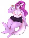 anthro bikini clothed clothing dessert female food hair horn ice_cream long_hair looking_at_viewer overweight overweight_anthro overweight_female slightly_chubby smile solo swimwear two-piece_swimsuit cutievomit elmelie fish marine shark hi_res