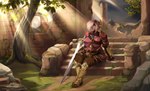 5_fingers anthro armor big_breasts biped breasts clothed clothing day detailed_background duo female feral fingers glistening glistening_armor grass hair leaf light light_beam light_body light_hair light_skin melee_weapon moss outside pink_body pink_hair pink_skin plant rock ruins sitting stairs sunbeam sunlight sword text tree weapon strigiformes domestic_pig mammal suid suine sus_(pig) 2021 digital_media_(artwork) digital_painting_(artwork) painting_(artwork) shaded url