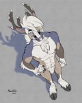 amber_eyes anthro bird's-eye_view cloven_hooves hair high-angle_view hooves male nipples pose simple_background solo standing white_hair richard_foley mnty_(character) deer mammal new_world_deer reindeer 4:5 hi_res