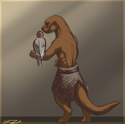 anthro belt blindfold brown_body brown_fur brown_nose clothed clothing duo falconry_hood fur gloves handwear hood hooded looking_away male muscular topless shaza_(artist) avian bird falcon falconid mammal mustelid otter peregrine_falcon hi_res