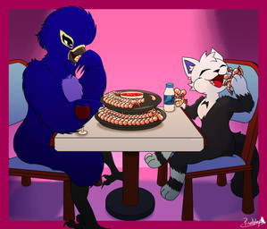 alcohol anthro beak bedroom_eyes beverage biped black_beak black_body black_fur black_nose black_tail blue_body blue_ears blue_feathers carefree chair chest_tuft date dinner duo eating eyes_closed eyeshadow feathers feet female female_anthro food fur furniture happy joyful larger_female makeup male male_anthro milk narrowed_eyes seductive short shrimp_(food) sitting size_difference smaller_male table tail tall talons toes tucker_(cynthiadabirb) tuft white_body white_fur white_paws wine cynthiadabirb pixelblep cynthia_(cynthiadabirb) avian bird domestic_cat felid feline felis hyacinth_macaw macaw mammal neotropical_parrot parrot true_parrot tuxedo_cat hi_res