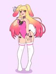 2023 animal_humanoid biped blonde_hair bow_(feature) breasts carrot cleavage clothed clothing eixy eyelashes female fluffy fluffy_tail food gradient_hair hair hi_res humanoid lagomorph lagomorph_humanoid leotard leporid_humanoid long_hair mammal mammal_humanoid open_mouth open_smile paws pink_background pink_clothing pink_eyes pink_leotard plant rabbit_humanoid roxie_(nicaarts) simple_background smile solo standing tail thick_thighs vegetable