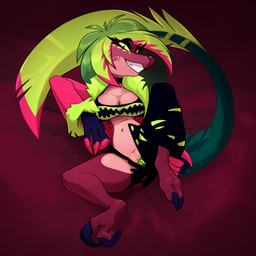 anthro big_breasts big_butt bottomwear breasts butt claws clothed clothing facial_piercing feathers female genitals grin holding_butt looking_at_viewer lying navel non-mammal_breasts non-mammal_navel nose_piercing nose_ring on_back open_bottomwear open_clothing open_pants pants piercing plump_labia presenting ring_piercing sickle_claw sitting smile solo spread_legs spreading tail tail_feathers thick_labia_minora toe_claws torn_bottomwear torn_clothing torn_pants vulva conditional_dnp shido-tara hazbin_hotel hellaverse missi_zilla zeezi_(hazbin_hotel) demon dinosaur dromaeosaurid prehistoric_species reptile saurischian scalie theropod 1:1 hi_res