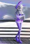 anthro avian beak bedroom_eyes bird boots breasts cleavage clothed clothing corrvo eyebrows eyelashes fake_ears fake_rabbit_ears feather_6 feathered_wings feathers female footwear half-closed_eyes hi_res high_heeled_boots high_heels narrowed_eyes non-mammal_breasts seductive snow solo verra wings