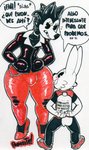 anthro clothed clothing crossdressing duo footwear high_heels humor lube male male/male shoes size_difference small_dom_big_sub text parasitedeath rabbit_(parasitedeath) wolf_(parasitedeath) canid canine canis lagomorph leporid mammal rabbit wolf traditional_media_(artwork)